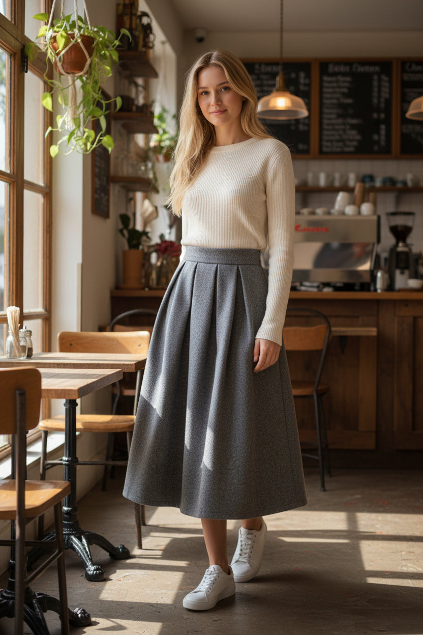 Dark gray, wool fabric, high-waisted design, knitted finish, suitable for autumn and winter. （SAW0008）