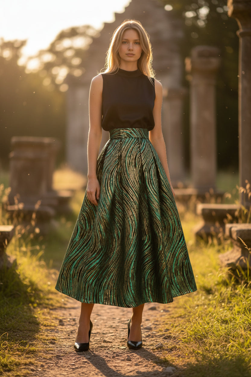 High-gloss peacock green midi skirt with a peacock feather texture design, a retro and stylish look. Made of polyester fiber, it's perfect for autumn and winter.（SAW0006)--Sold Out