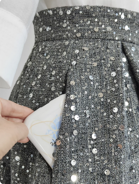 Grey A-line midi skirt for women, embellished with sequins, elegant and versatile style, high-waisted, suitable for autumn and winter. (SAW0005)