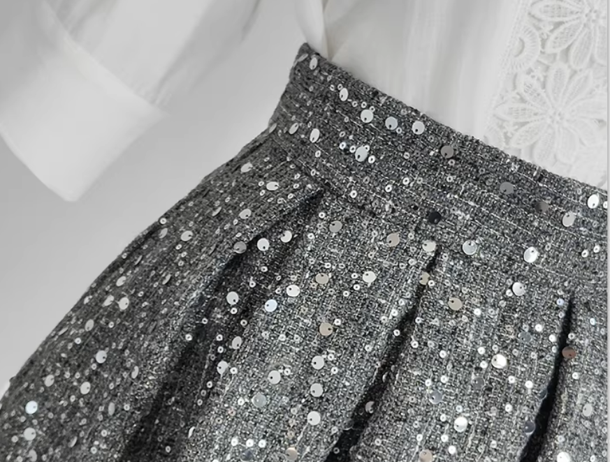 Grey A-line midi skirt for women, embellished with sequins, elegant and versatile style, high-waisted, suitable for autumn and winter. (SAW0005)