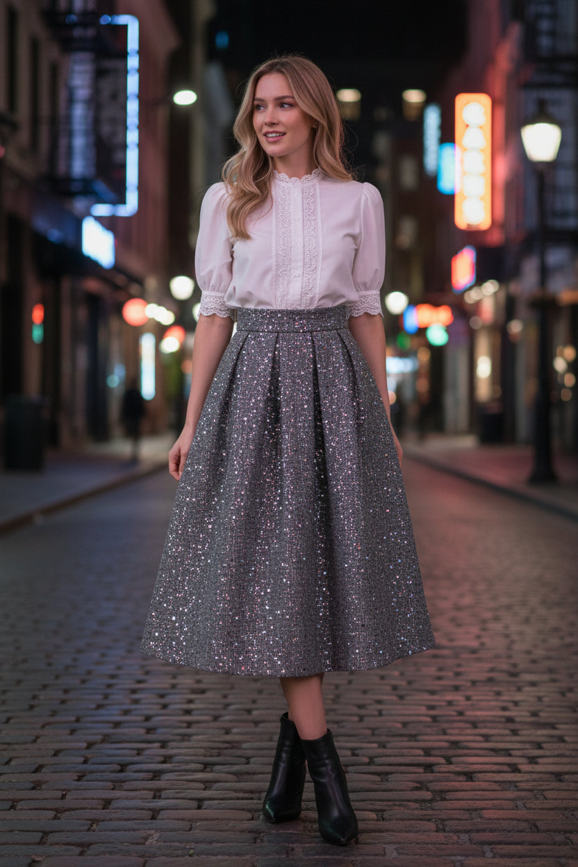 Grey A-line midi skirt for women, embellished with sequins, elegant and versatile style, high-waisted, suitable for autumn and winter. (SAW0005)