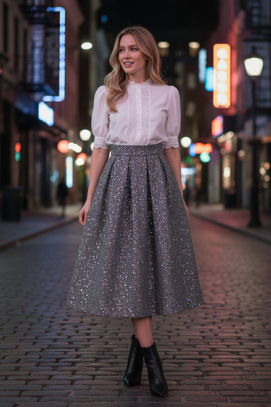 Grey A-line midi skirt for women, embellished with sequins, elegant and versatile style, high-waisted, suitable for autumn and winter. (SAW0005)