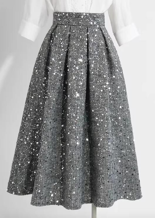 Grey A-line midi skirt for women, embellished with sequins, elegant and versatile style, high-waisted, suitable for autumn and winter. (SAW0005)
