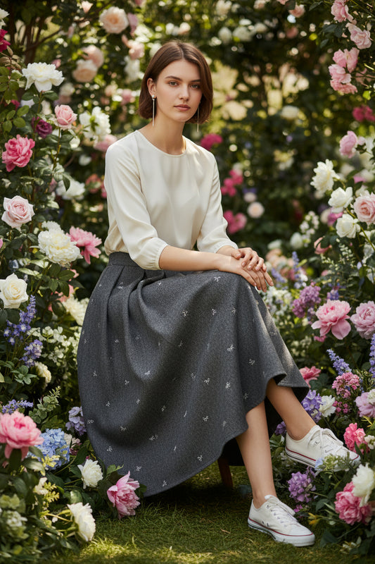 Thick, soft wool fabric, dark gray, A-line midi skirt, high-waisted, versatile and suitable for autumn and winter. （SAW0003）