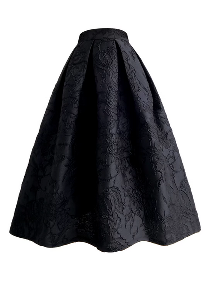 Versatile black floral pattern, embroidery, pleats, polyester fabric, A-line high-waisted flared skirt，suitable for autumn.（SAW0015）