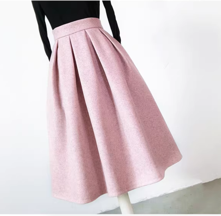 Pink autumn/winter wool fabric with pleated detailing, elegant style, mid-length high-waisted A-line skirt. （SAW0002）