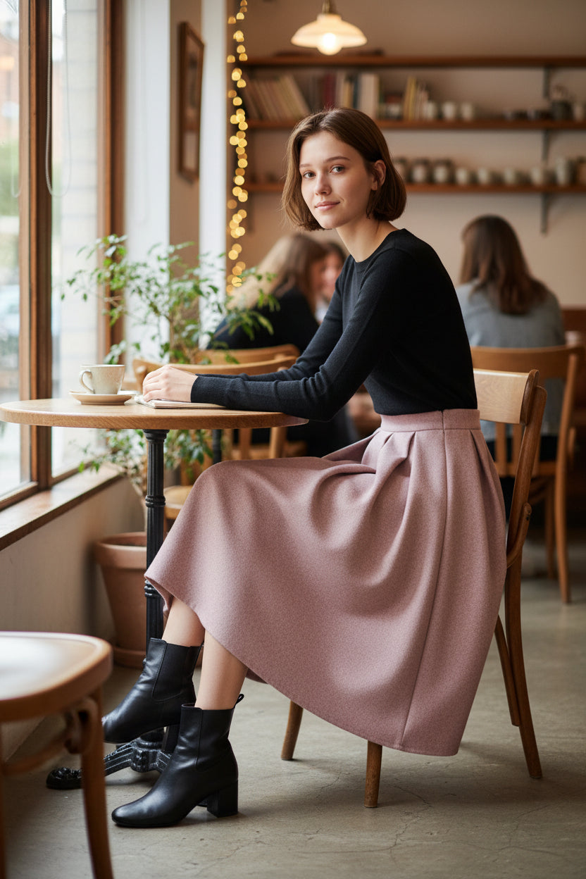 Pink autumn/winter wool fabric with pleated detailing, elegant style, mid-length high-waisted A-line skirt. （SAW0002）