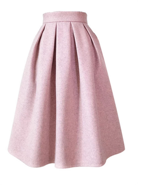 Pink autumn/winter wool fabric with pleated detailing, elegant style, mid-length high-waisted A-line skirt. （SAW0002）