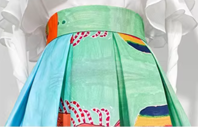Polyester fabric. Ocean print, jacquard, pleated details, high-waisted design, suitable for spring and summer. （SSS0002）