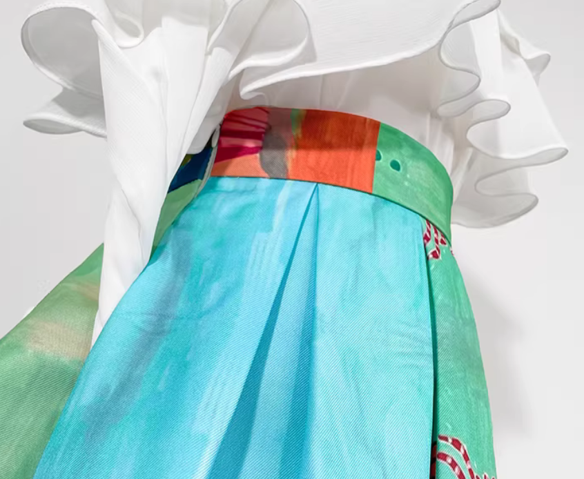 Polyester fabric. Ocean print, jacquard, pleated details, high-waisted design, suitable for spring and summer. （SSS0002）