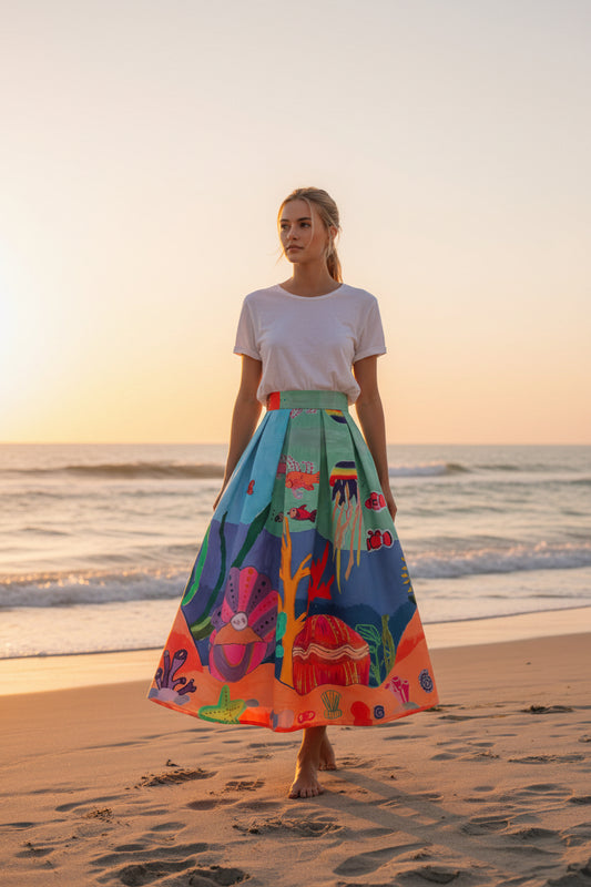 Polyester fabric. Ocean print, jacquard, pleated details, high-waisted design, suitable for spring and summer. （SSS0002）