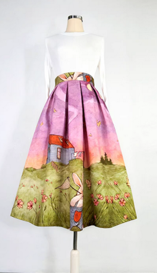 Farm animal print, jacquard weave, polyester fabric, flattering and slimming midi skirt.(SSS001）