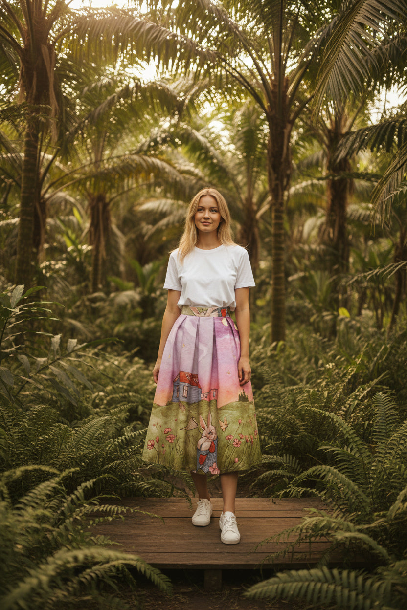 Farm animal print, jacquard weave, polyester fabric, flattering and slimming midi skirt.(SSS001）