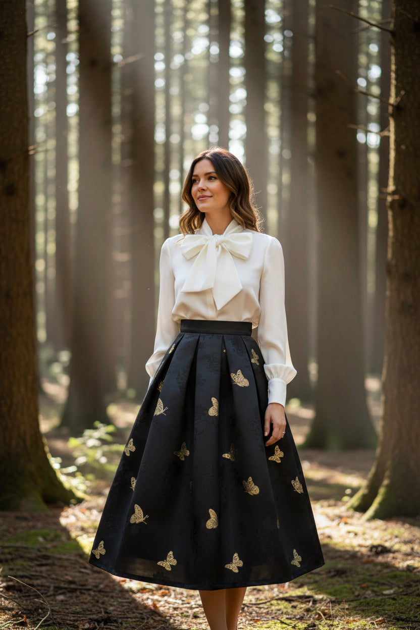 In autumn and winter, this high-waisted, versatile, flared midi skirt in a polyester fiber fabric with a gold butterfly design is slimming, hides the hips, and is easy to match. (SAW0013)