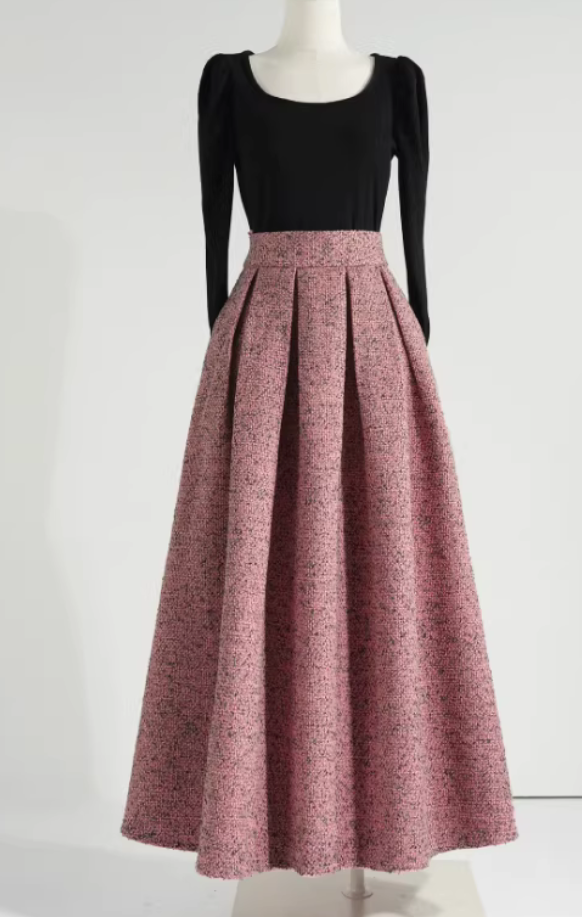 Autumn/Winter style, wool fabric, A-line, high-waisted pleated pink maxi skirt, suitable for casual commuting.（SAW0001）