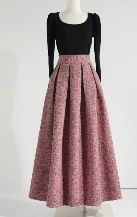 Autumn/Winter style, wool fabric, A-line, high-waisted pleated pink maxi skirt, suitable for casual commuting.（SAW0001）