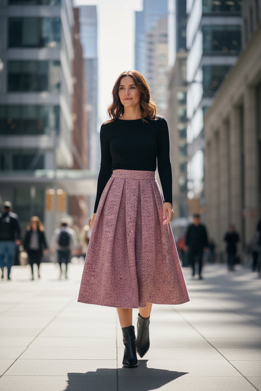 Autumn/Winter style, wool fabric, A-line, high-waisted pleated pink maxi skirt, suitable for casual commuting.（SAW0001）