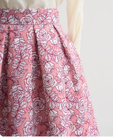 Printed A-line high-waisted midi pink umbrella skirt, versatile and slimming, perfect for spring. （SSS0016）
