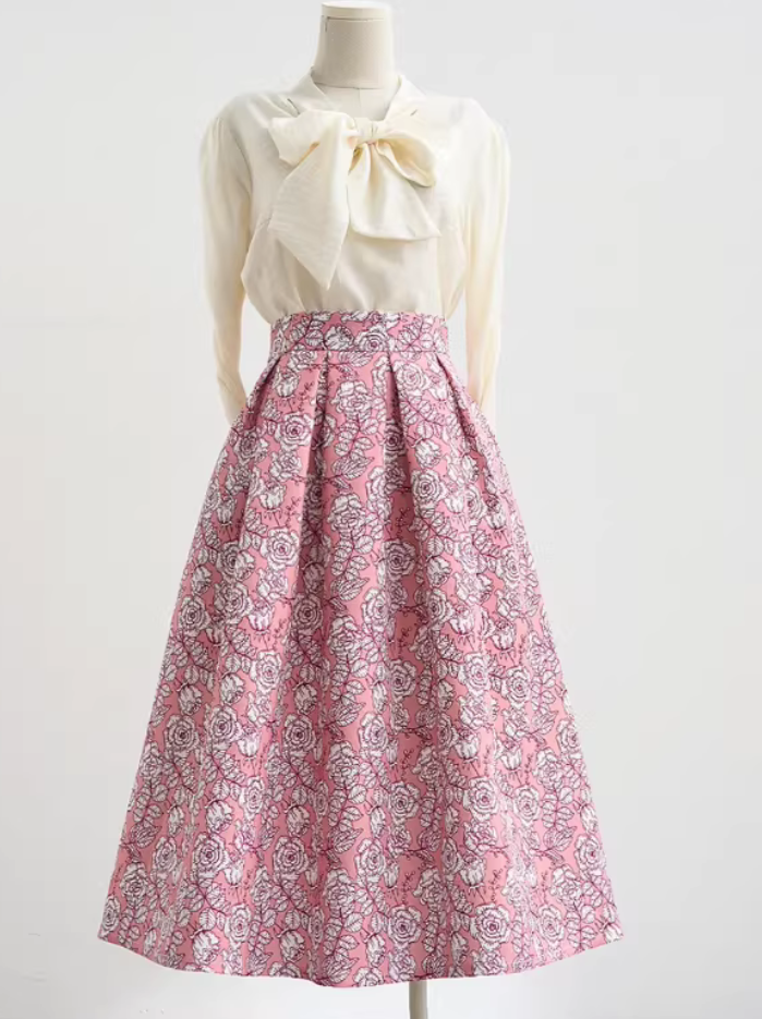 Printed A-line high-waisted midi pink umbrella skirt, versatile and slimming, perfect for spring. （SSS0016）