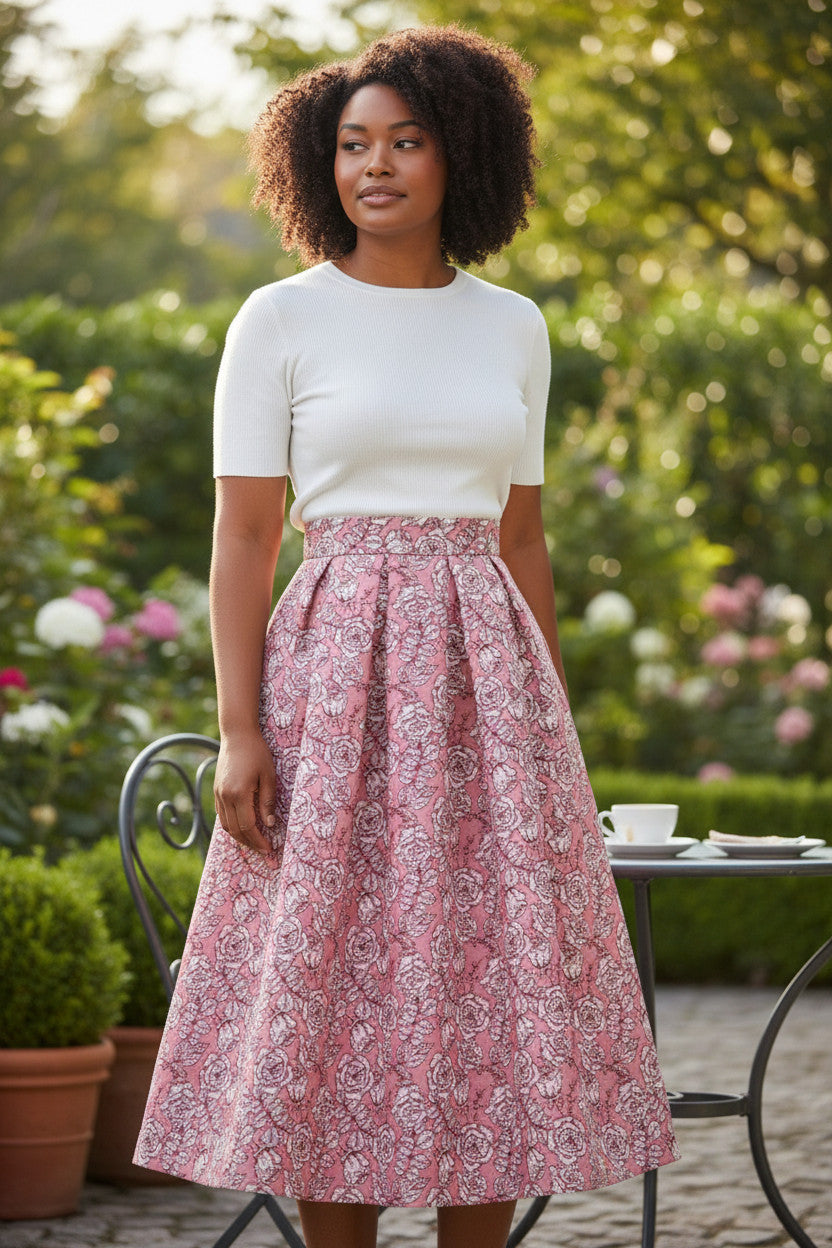 Printed A-line high-waisted midi pink umbrella skirt, versatile and slimming, perfect for spring. （SSS0016）