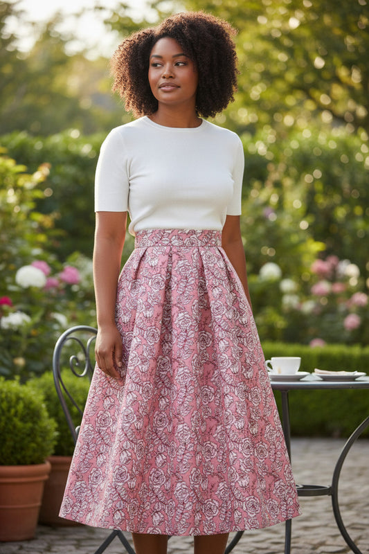 Printed A-line high-waisted midi pink umbrella skirt, versatile and slimming, perfect for spring. （SSS0016）