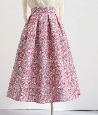 Printed A-line high-waisted midi pink umbrella skirt, versatile and slimming, perfect for spring. （SSS0016）