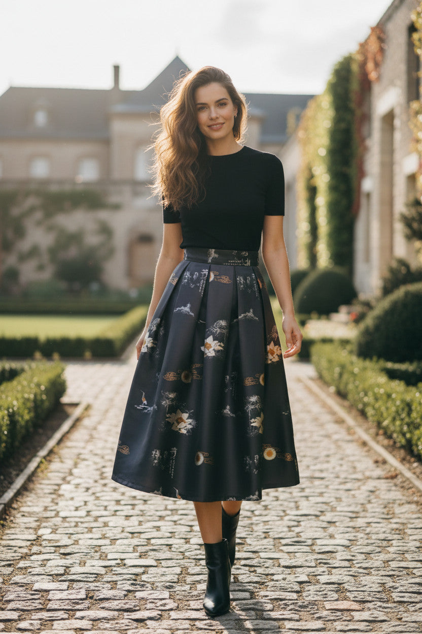 Spring style midi skirt, slimming, hip-concealing, high-waisted, versatile, flared skirt （SSS0017）