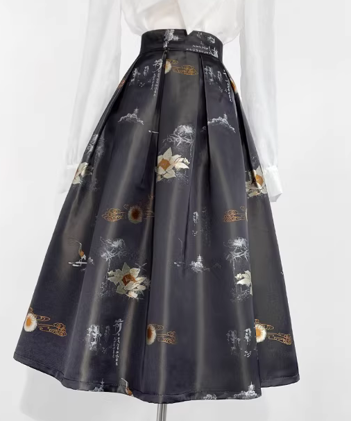 Spring style midi skirt, slimming, hip-concealing, high-waisted, versatile, flared skirt （SSS0017）