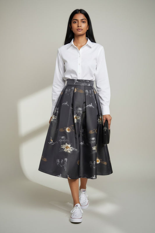 Spring style midi skirt, slimming, hip-concealing, high-waisted, versatile, flared skirt （SSS0017）