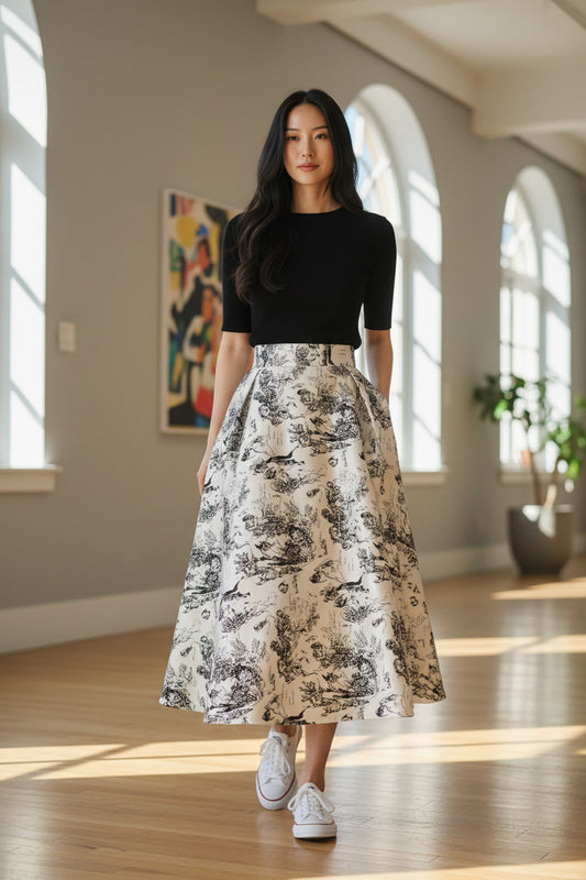 This A-line, high-waisted midi skirt features a watercolor jacquard pattern and a full, mid-length design, perfect for spring and summer.（SSS0019）