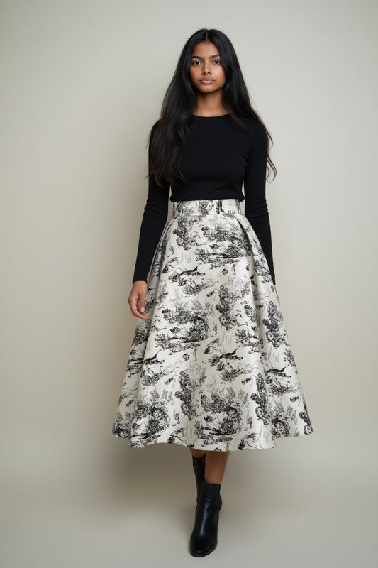 This A-line, high-waisted midi skirt features a watercolor jacquard pattern and a full, mid-length design, perfect for spring and summer.（SSS0019）