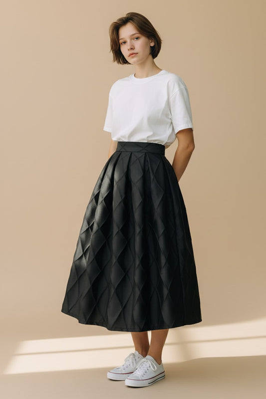 Simple, black, slimming, high-waisted, flared midi skirt, perfect for spring and autumn. （SSS0021）
