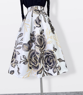 Women's Spring/Summer High-Waisted Black and White Printed Pleated Midi Skirt (SSS0022)