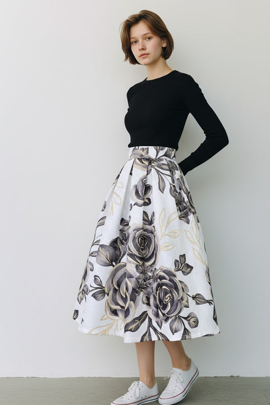 Women's Spring/Summer High-Waisted Black and White Printed Pleated Midi Skirt (SSS0022)
