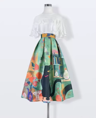 Women's Spring Original Print High-Waisted A-Line Slimming Midi Skirt (SSS0023)