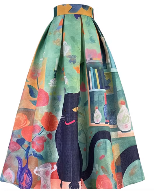 Women's Spring Original Print High-Waisted A-Line Slimming Midi Skirt (SSS0023)