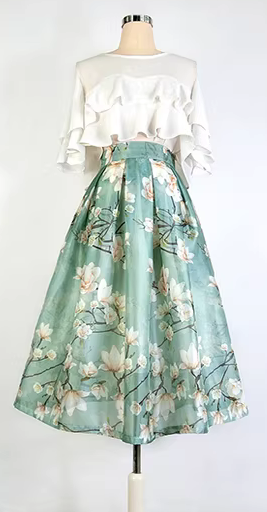 Women's niche design printed high-waisted flared skirt, slimming and hip-concealing midi skirt (SSS0025)