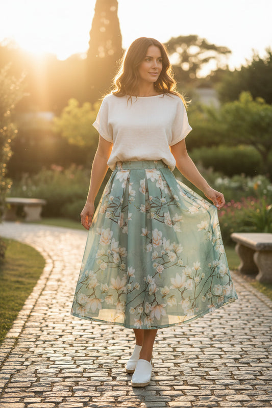 Women's niche design printed high-waisted flared skirt, slimming and hip-concealing midi skirt (SSS0025)