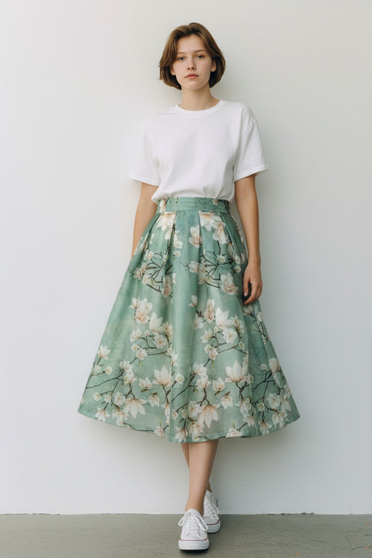 Women's niche design printed high-waisted flared skirt, slimming and hip-concealing midi skirt (SSS0025)