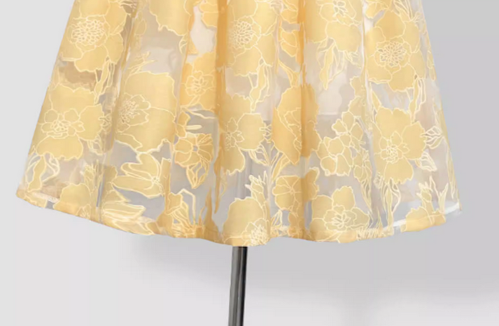 Original Design Yellow Embroidered Organza Midi Skirt-High-Waist Puffy Skirt (SSS0027)