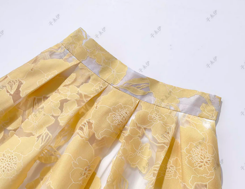 Original Design Yellow Embroidered Organza Midi Skirt-High-Waist Puffy Skirt (SSS0027)