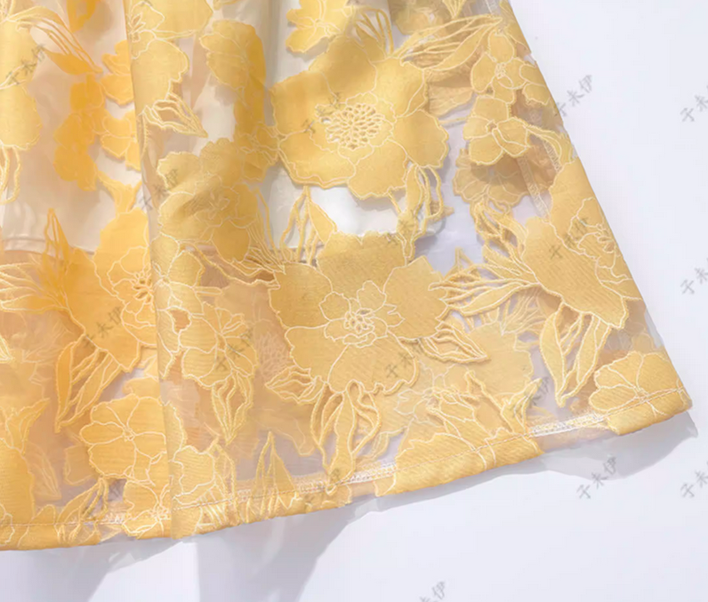 Original Design Yellow Embroidered Organza Midi Skirt-High-Waist Puffy Skirt (SSS0027)