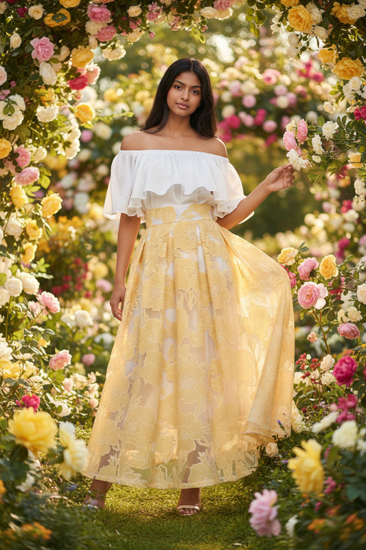 Original Design Yellow Embroidered Organza Midi Skirt-High-Waist Puffy Skirt (SSS0027)