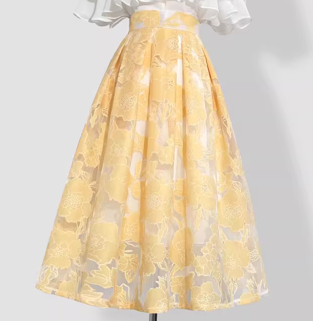 Original Design Yellow Embroidered Organza Midi Skirt-High-Waist Puffy Skirt (SSS0027)