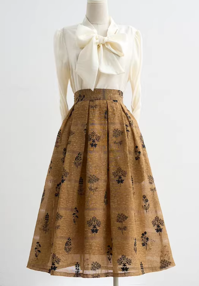 Women's Vintage Embroidery Midi Skirt-Wide Hem Artistic A-Line Skirt (SSS0028)