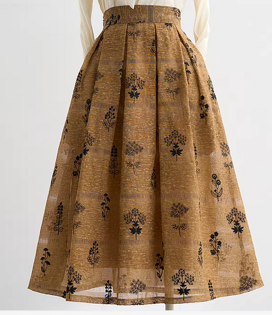 Women's Vintage Embroidery Midi Skirt-Wide Hem Artistic A-Line Skirt (SSS0028)