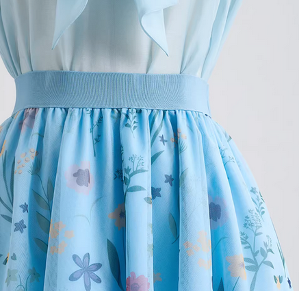 Women's Blue Floral Mesh Midi Skirt-Artistic Elastic Waist Skirt. (SSS0030)