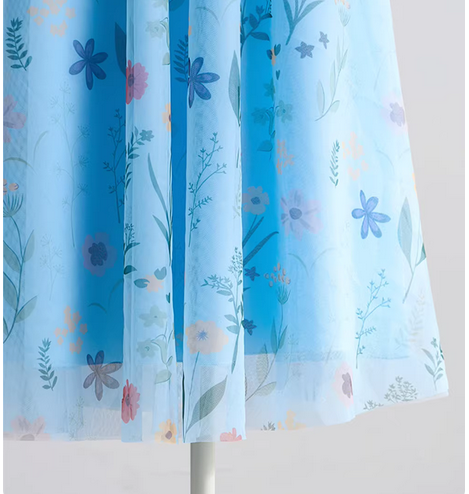 Women's Blue Floral Mesh Midi Skirt-Artistic Elastic Waist Skirt. (SSS0030)
