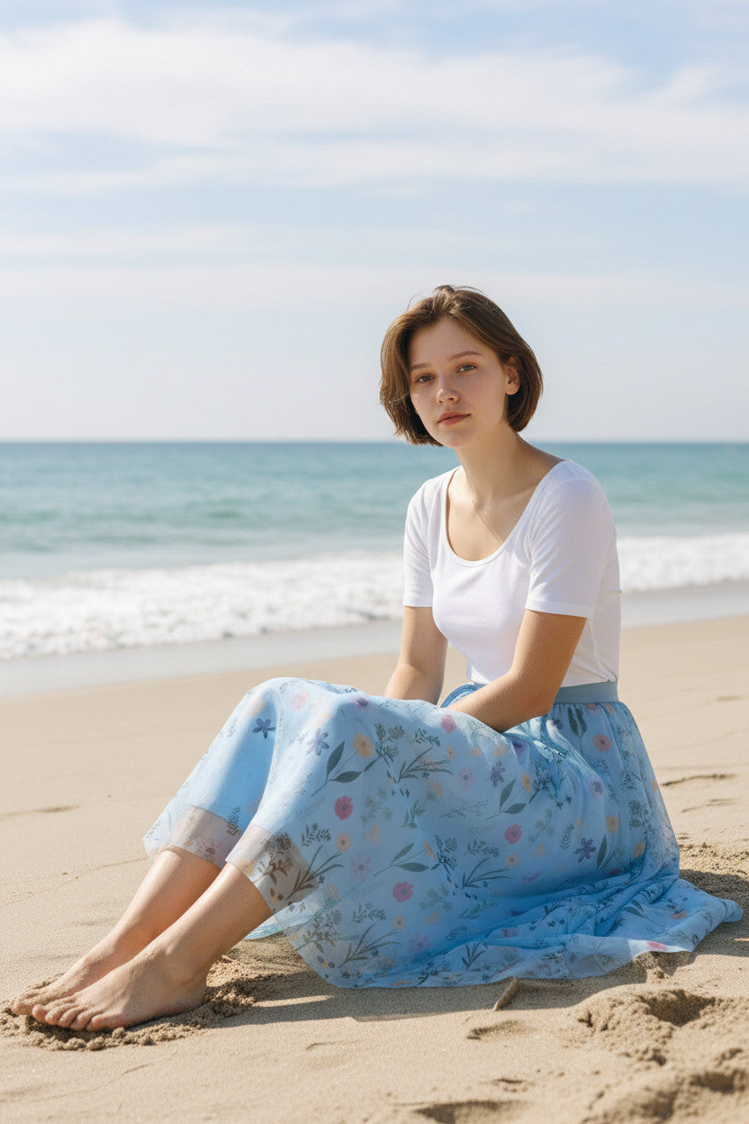 Women's Blue Floral Mesh Midi Skirt-Artistic Elastic Waist Skirt. (SSS0030)