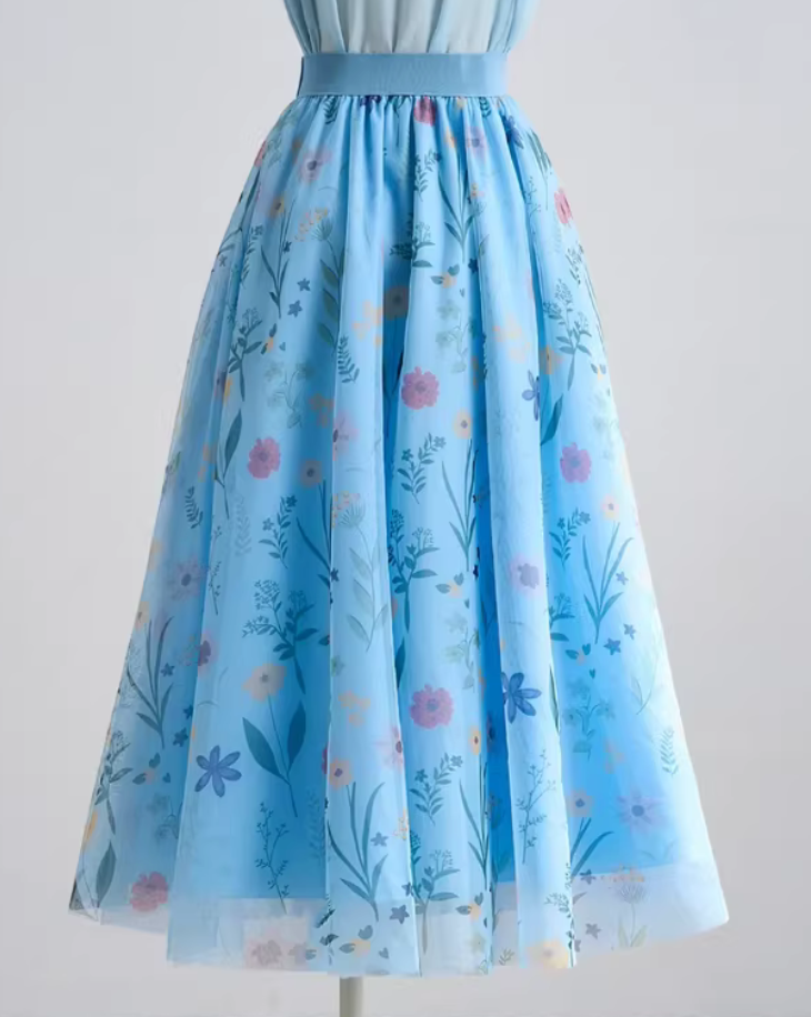 Women's Blue Floral Mesh Midi Skirt-Artistic Elastic Waist Skirt. (SSS0030)